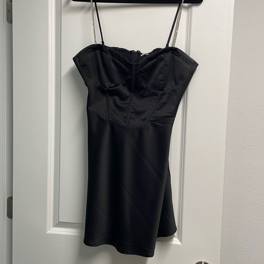 Garage dress with rhinestone straps